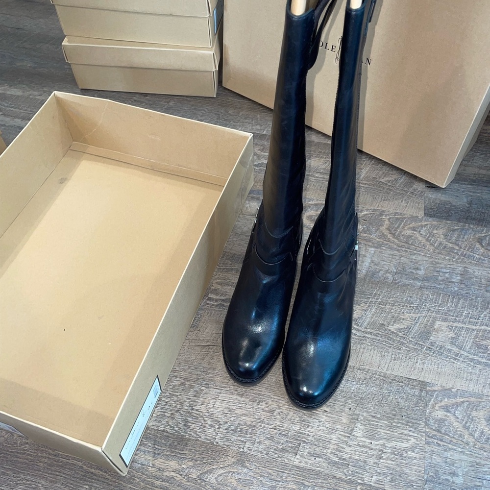 Cole Haan Black Leather and Suede Knee-High Wedge Boots - Picture 6 of 10